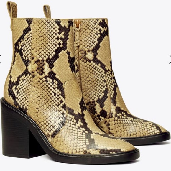 Tory Burch Heeled Ankle Boot Stamped Snake Printed Leather Pale Desert Roccia - Picture 1 of 5